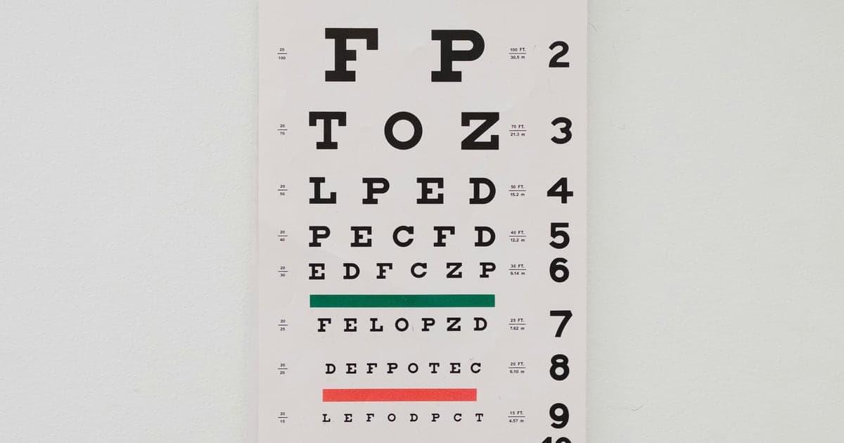 Eye-test chart with rows of letters in decreasing size